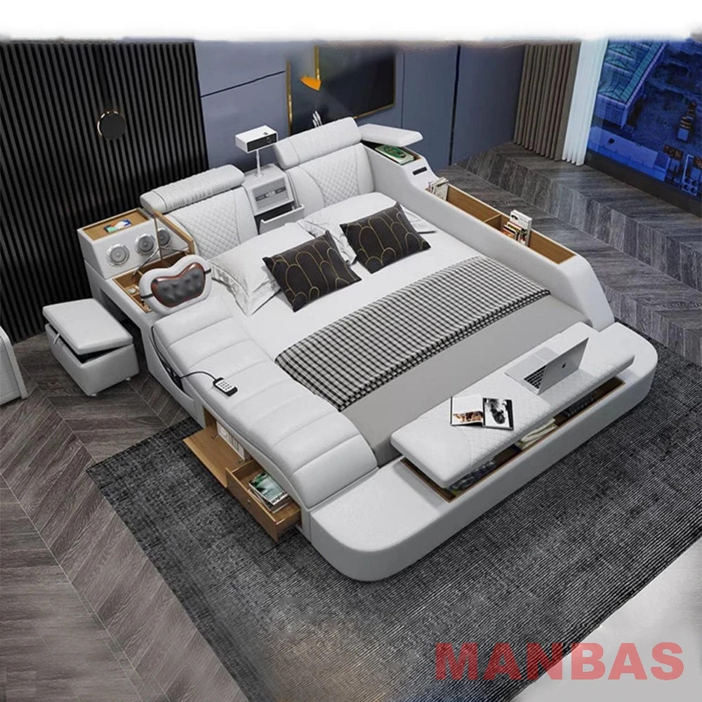 MINGDIBAO Tech Smart Bed-Genuine Leather Upholstery, Multifunctional Bed Frame, Massage, Speaker, Projector and Air Purifier