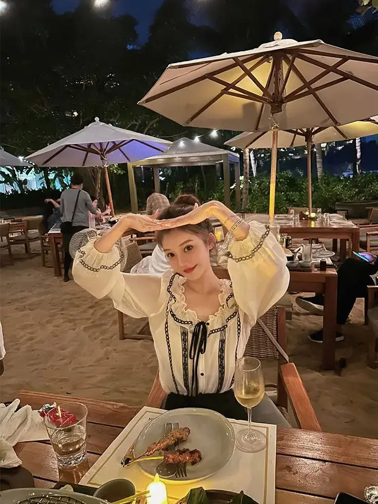 Korea Shirts Sweet Printed Lace Up Bow Folds Ruffles Blouses Female Clothing Spring New Loose All-match Tops Office Lady