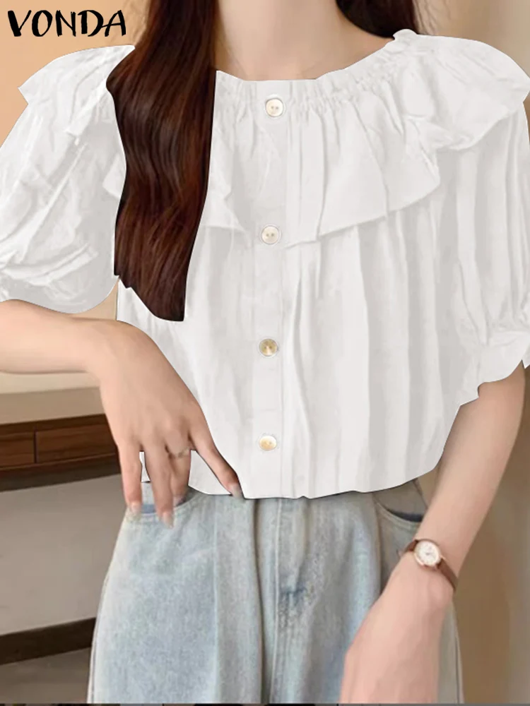 

Elegant Shirts 2023 VONDA Women Summer Tops Short Puff Sleeve Tunic Fashion Casual Loose Blouse Buttons Ruffled Blusas Femininas