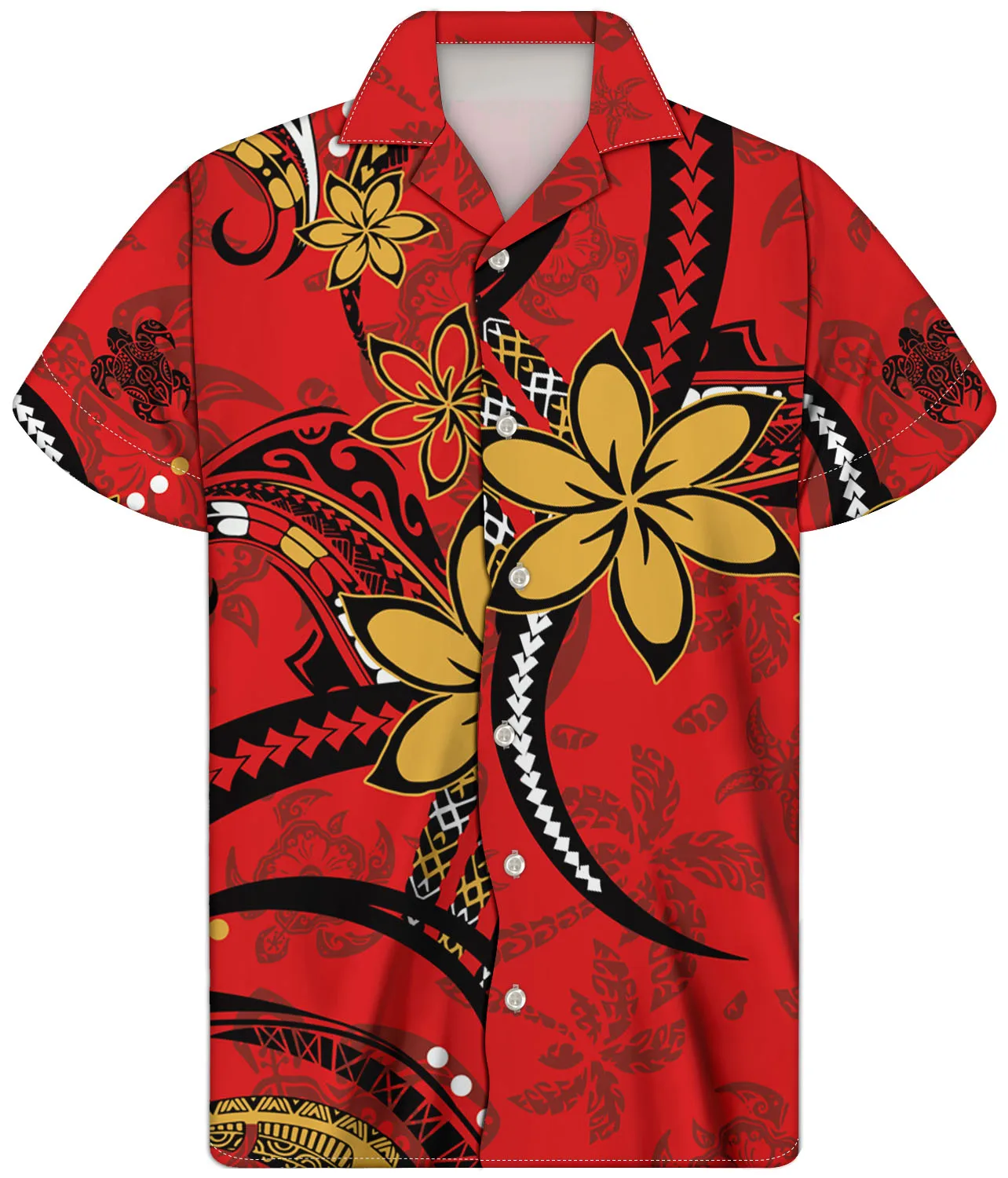 Men's High Quality Button Polynesian Tribal Red Bottom and Frangipani Shirt Printed Custom Men's New Short Sleeves
