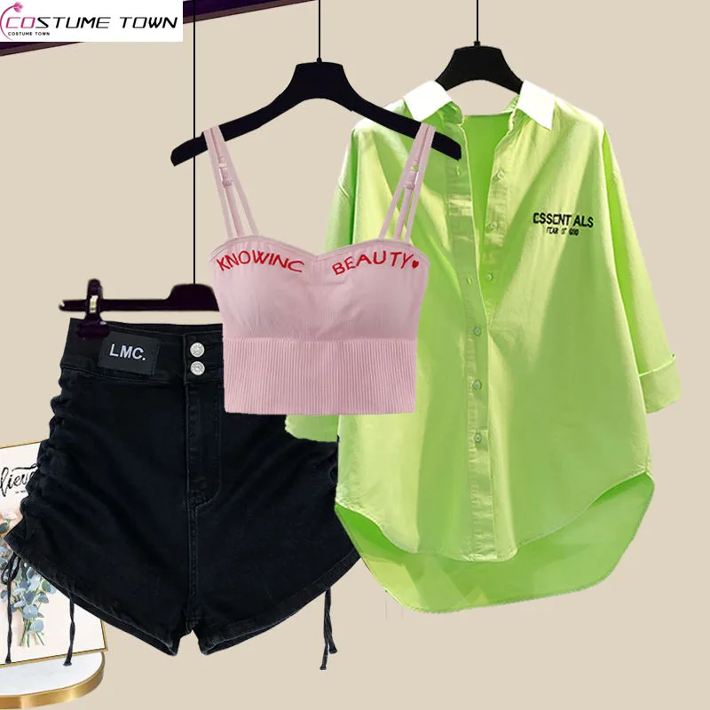 Spring/Summer Set Women's 2023 New Korean Fashion Tank Top Casual Shirt Age Reducing Shorts Elegant Women's Three Piece Set