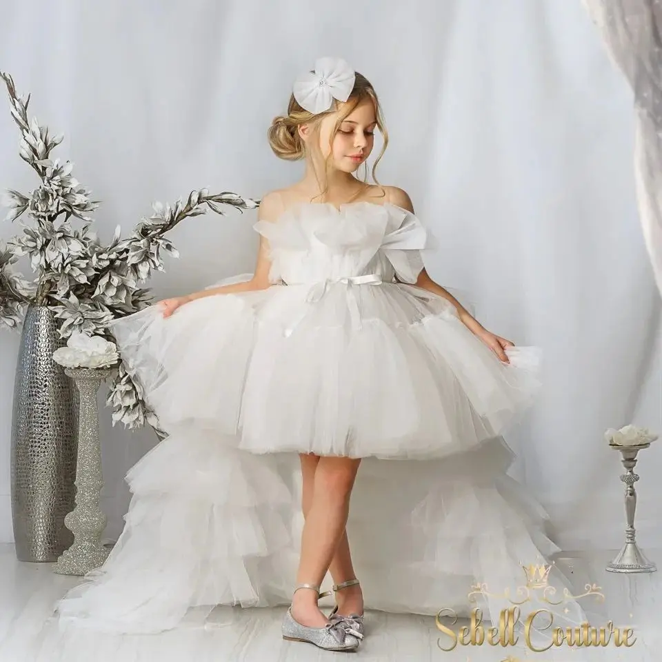 

Elegant Ivory Flower Girl Dresses Tiered Ruffles Children Birthday Gowns with Detachable Train Kids First Communion Dresses