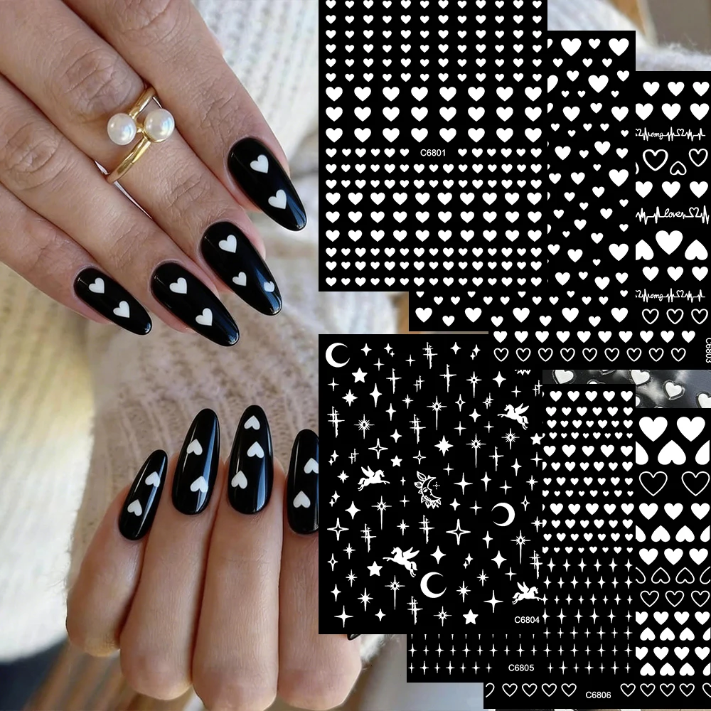 6개입 화이트 러브/스타버스트/달 디자인 네일 스티커 세트 로맨틱 피치 하트 8*10cm 네일 아트 데칼 화이트 하트 매니큐어 슬라이더