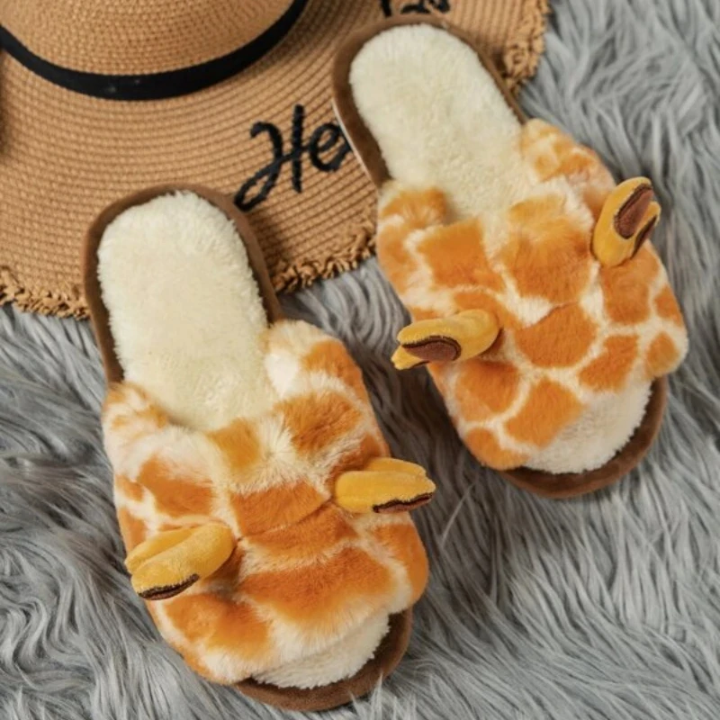 Women's Fluffy Plush Giraffe Slippers with Faux Fur Lining and Non-Slip Sole