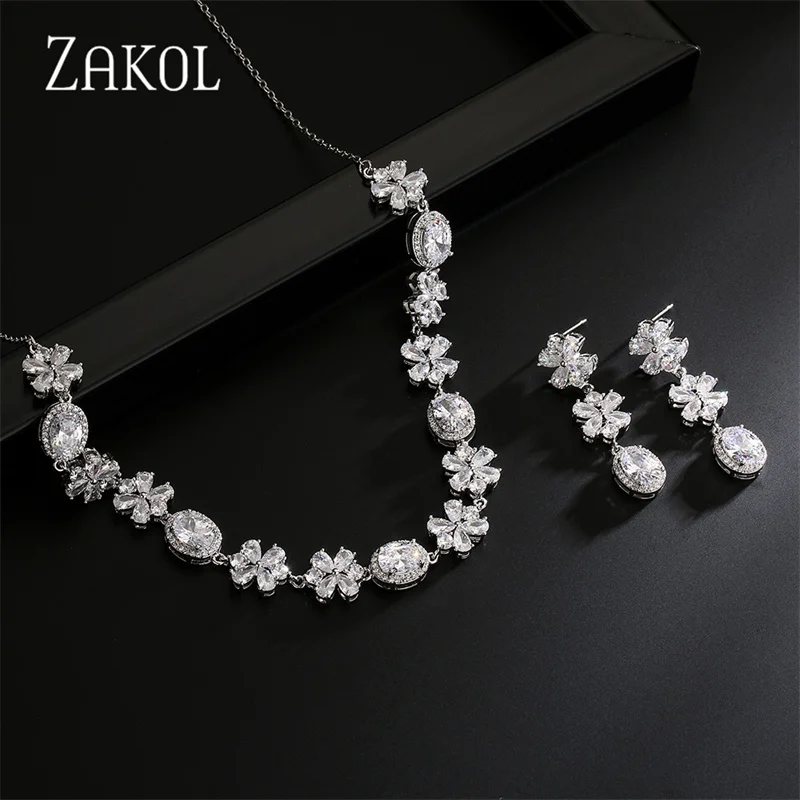 ZAKOL New Luxury Oval Cubic Zirconia Flower Choker Necklaces Earrings Jewelry Sets for Elegant Women Party Dinner Dress Gift