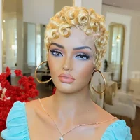 Perruque Lace Front Wig naturelle ondulée bouclée, cheveux courts, coupe Pixie avec frange, noir naturel foncé, couleur 99J, 13x4, pour femmes 4