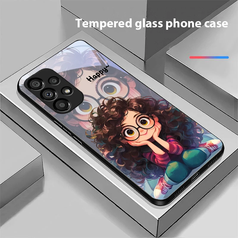 Curly Haired Girl Black Tempered Glass Phone Case - Hard Shell