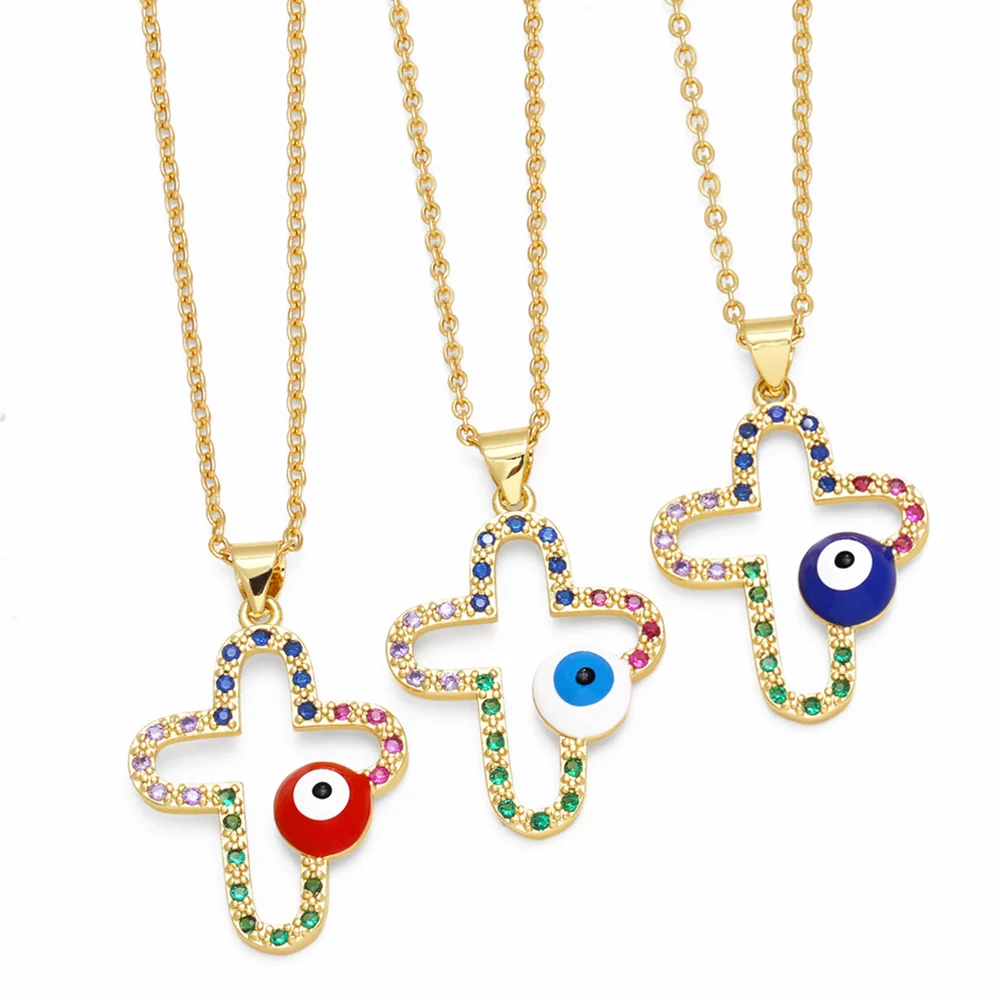 

Rainbow Color Hollow Cross Necklaces for Women Enamel Blue Evil Eye Necklaces Cubic Zirconia Protection Jewelry Gifts nker56