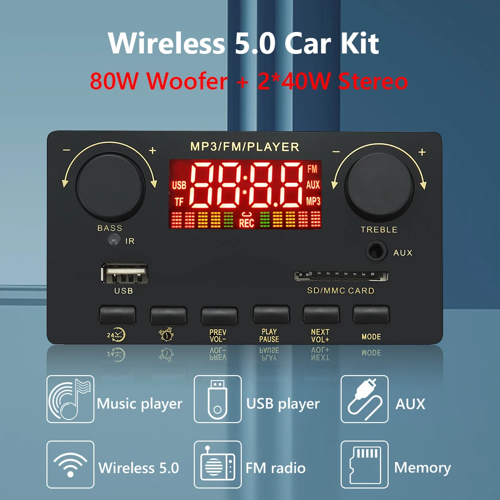 2*40W Amplifier Bluetooth 5.0 Car Audio USB TF FM Radio Module MP3 Player WAV Decoder Board 12V Support Handsfree Ca