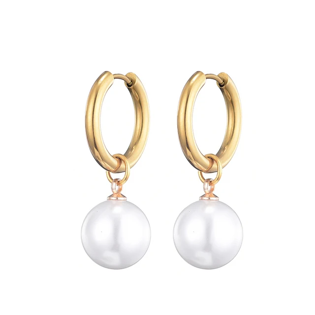 Fashionable Imitation Pearl Pendant Stainless Steel Hoop Earrings
