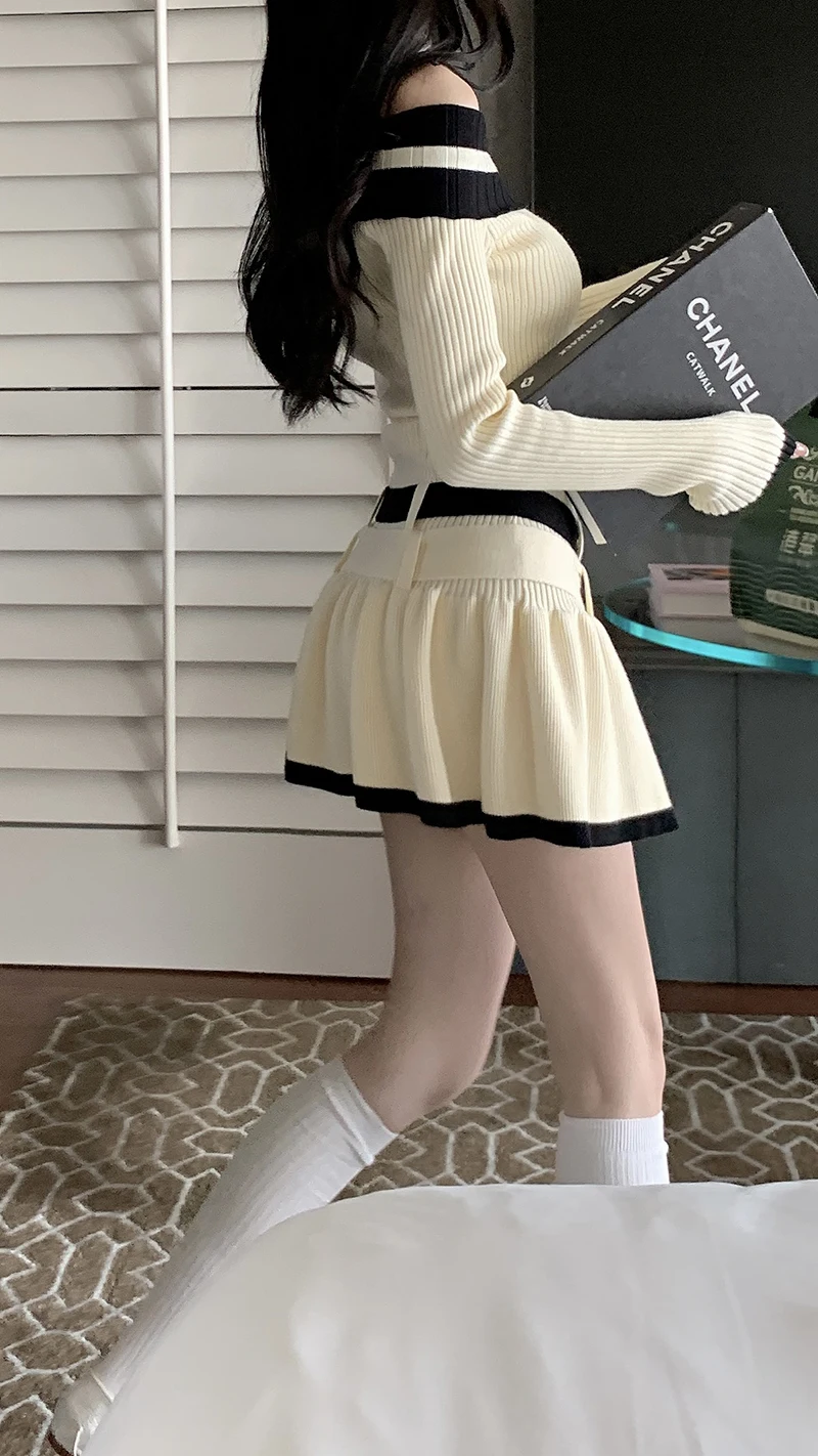 Y2K Slim Casual Knitted Mini Dresses Women Off Shoulder Elegant Korean Fashion Short Party Dress with Belt Autumn New Clothing