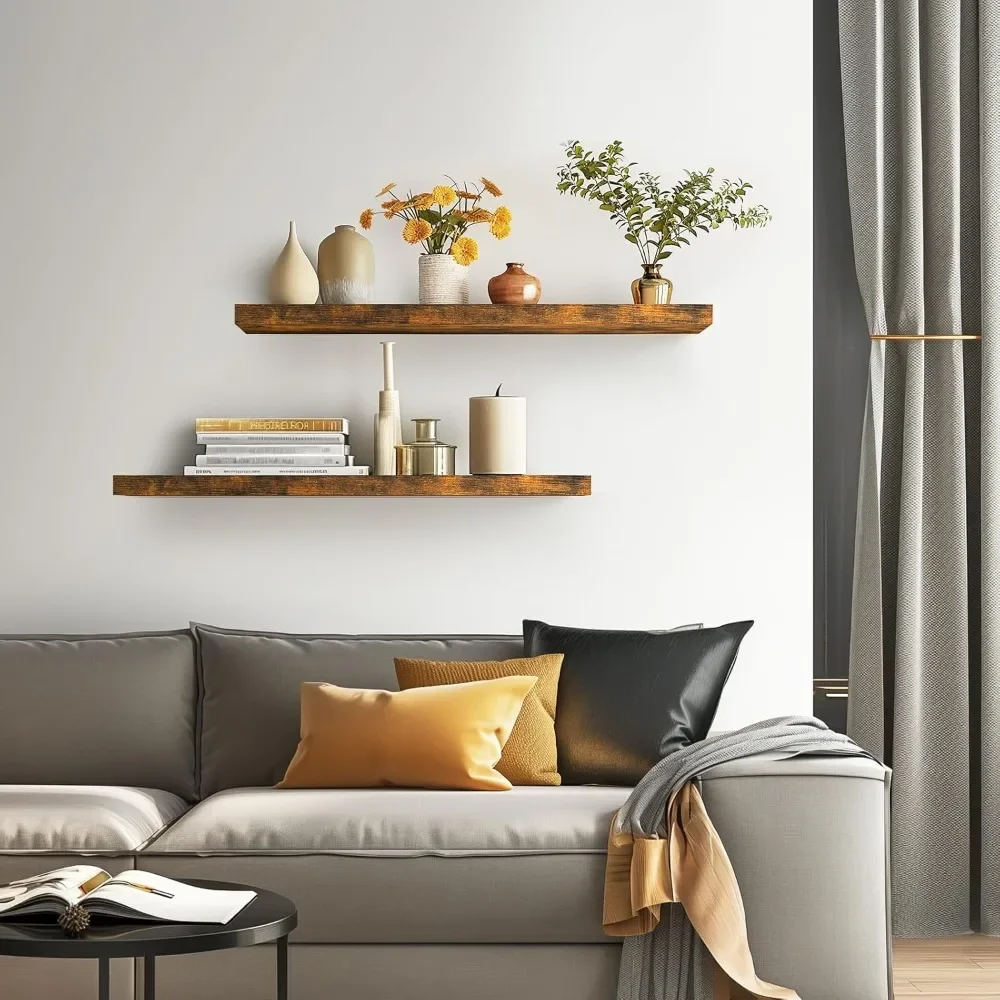 Floating Shelves for Wall, 36" Wall Mounted Rustic Wood Shelves for Bathroom, Bedroom, Living Room(Rustic Brown,Set of 2) 2