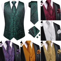 Hi-Tie Men's Silk Vests Fashion Dark Green Floral Jacquard Handkerchief Cufflinks Necktie Sleeveless Wistcoat Sets Wedding Party 1