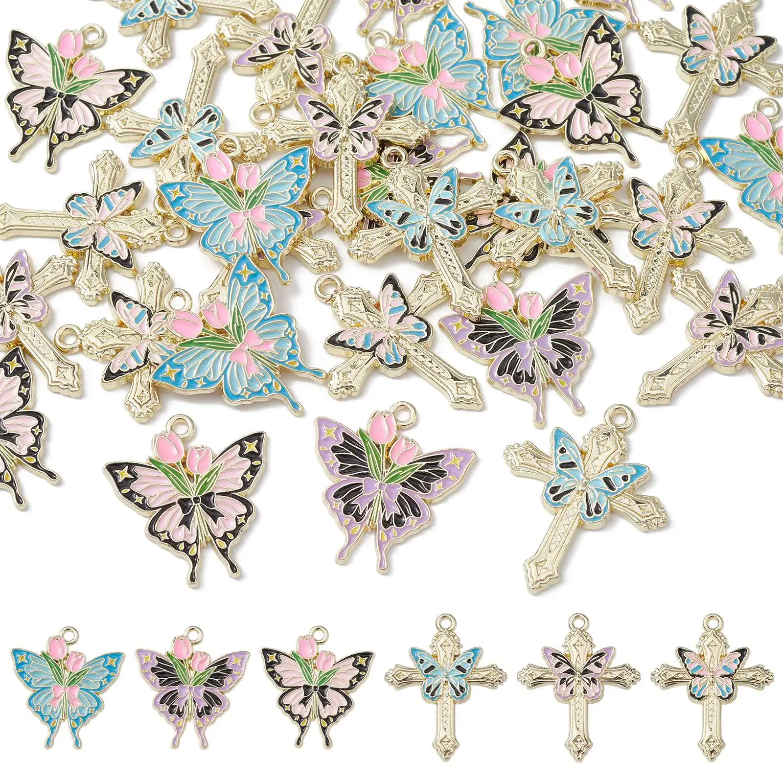 30Pcs 6 Styles Enamel Butterfly Charms Insect Animal Charms Butterfly with Rose Cross Charms for Crafts Jewelry Making DIY