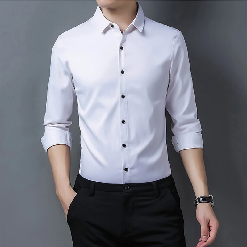 Men's shirt thin business casual imitation silk lapel solid color long sleeve