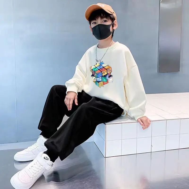 Boys Autumn Spring Cotton Casual Magic Cube Print Sweatshirts 3-14 Years Teenage Kids Fashion Outfits Tops Children Clothes
