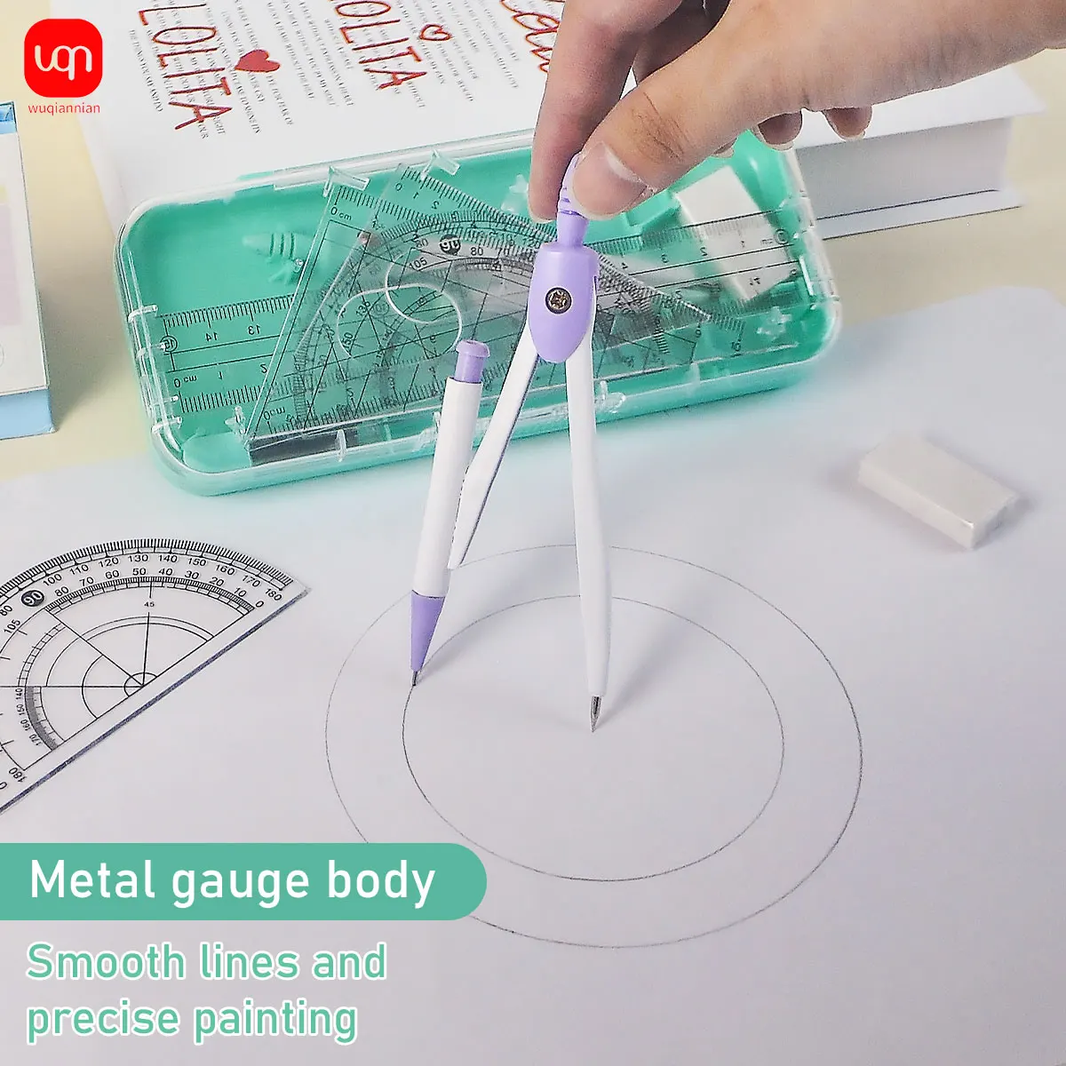 WQN-1세트 플라스틱 자, 컴퍼스, 지우개, 투명 자, 직각자, 그림 도구 세트, 학교 및 사무용품