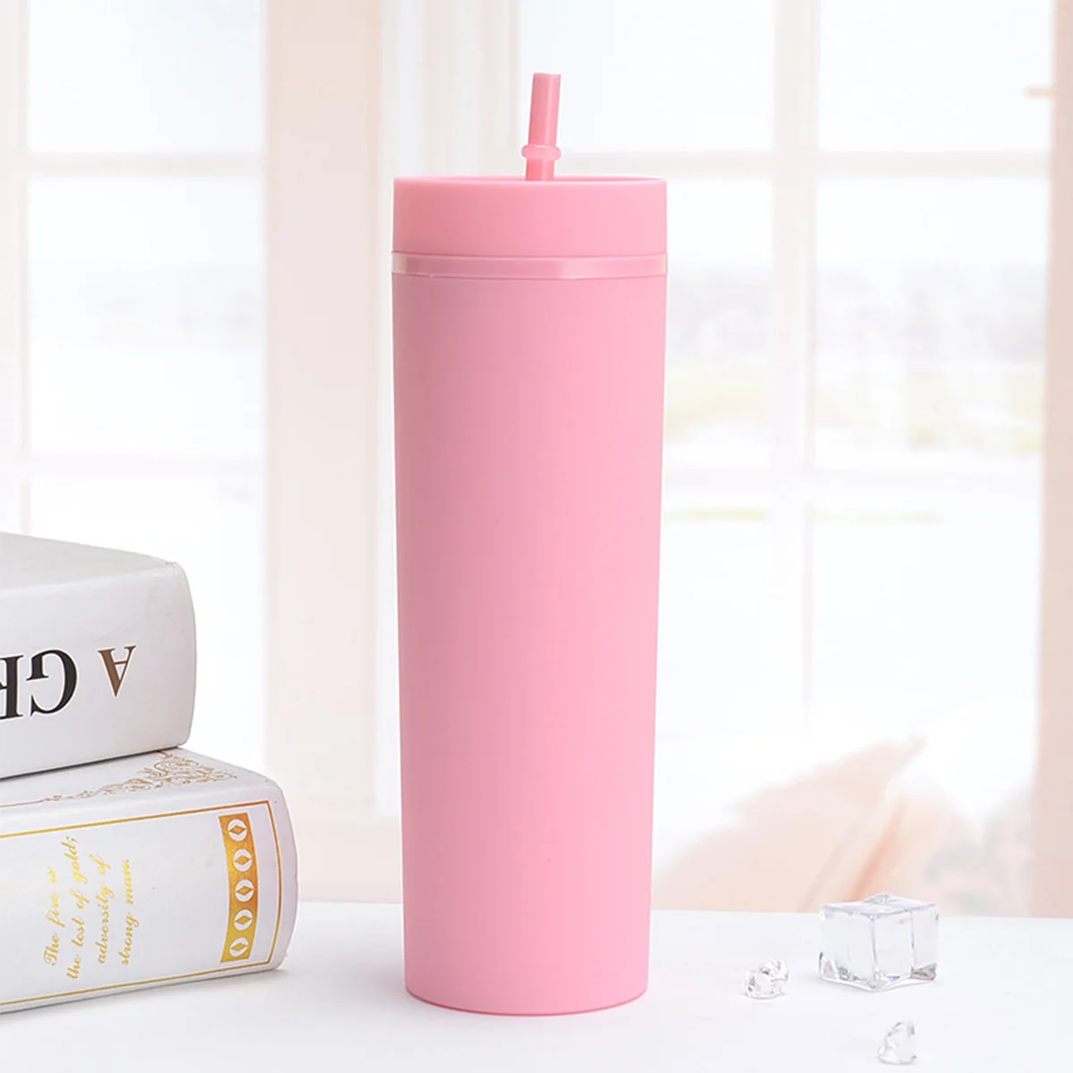 NEW Plastic CupStraw Drinking CupLid and Straw Reusable Double Wall Water Bottle Portable Multi-Color Straw Cup
