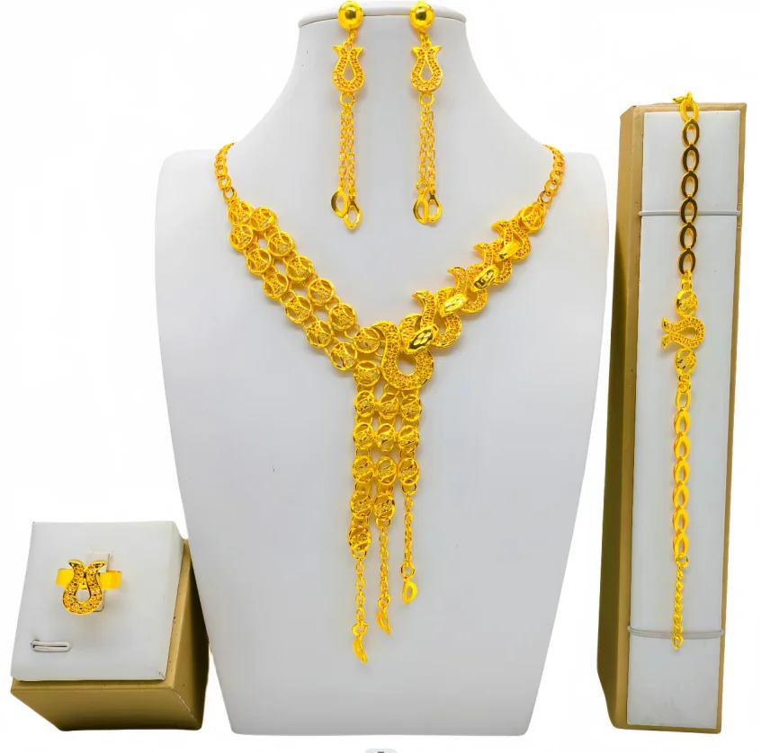 Fashion Gold Color Drop Earrings Necklace Set for Women Dubai African Luxury Bead Hollow Design Bracelet Wedding Party Jewelry