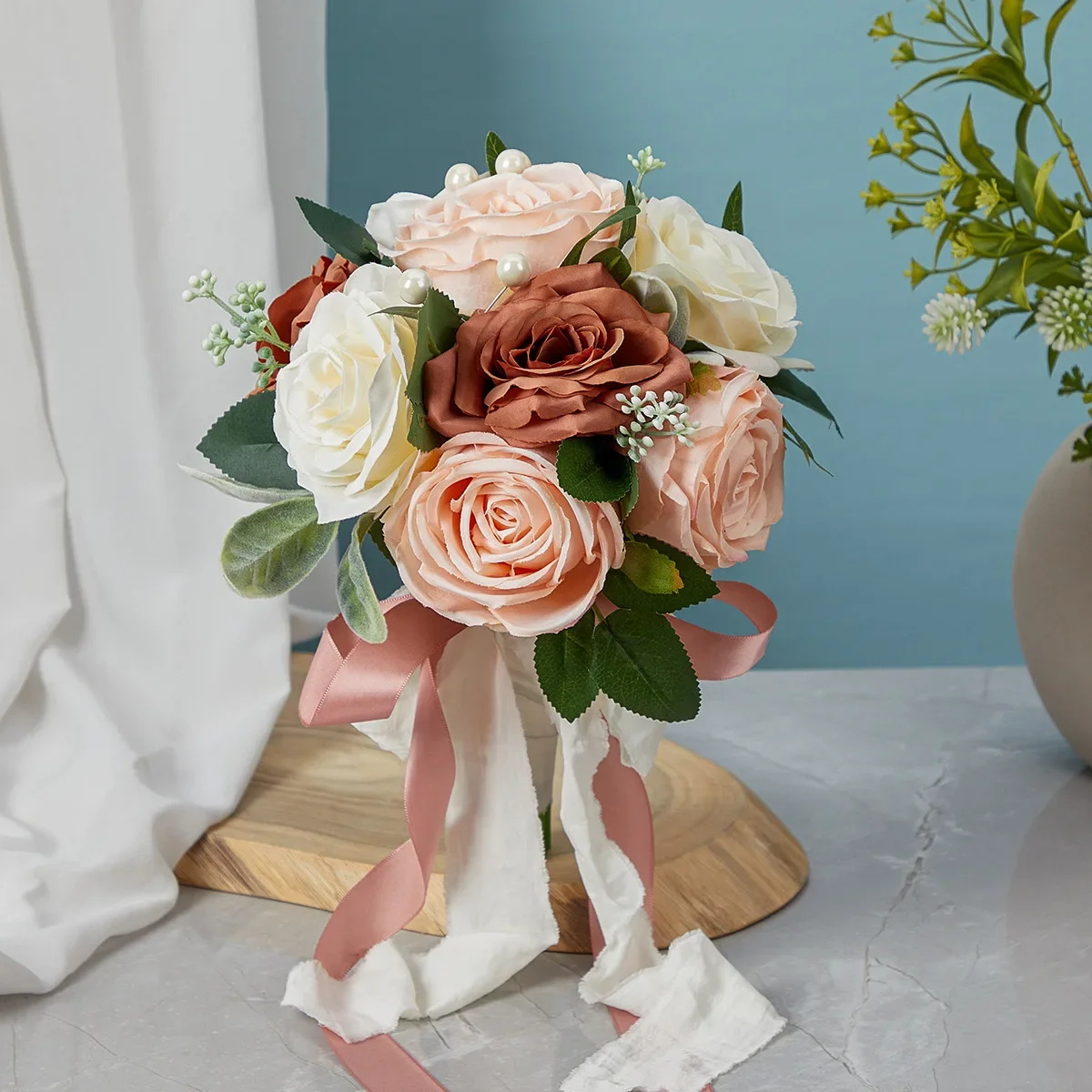 Realistic Rose Bouquet Wedding Photography Props Bean Sand Pink European Style Bridal Handheld Flowers Certificate Ceremony