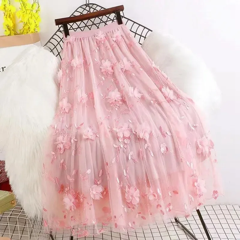 Floral Embroidery A Line Tulle Skirts 2024 Elegant High