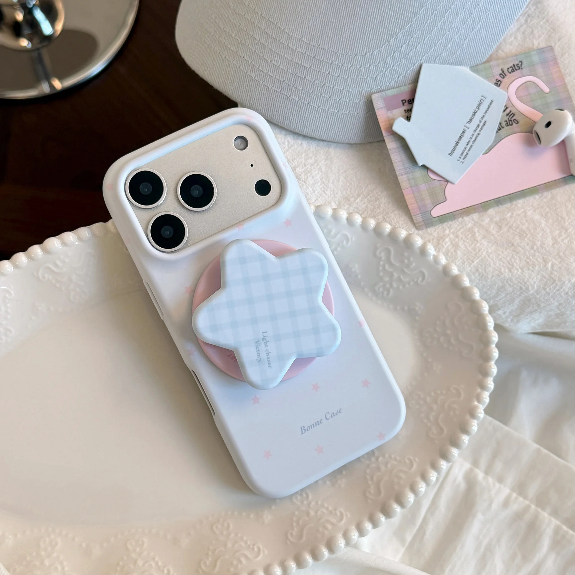 Korean Blue Grid Pattern Stars Magnetic Bracket Phone Case - Shockproof Protective Soft Cover