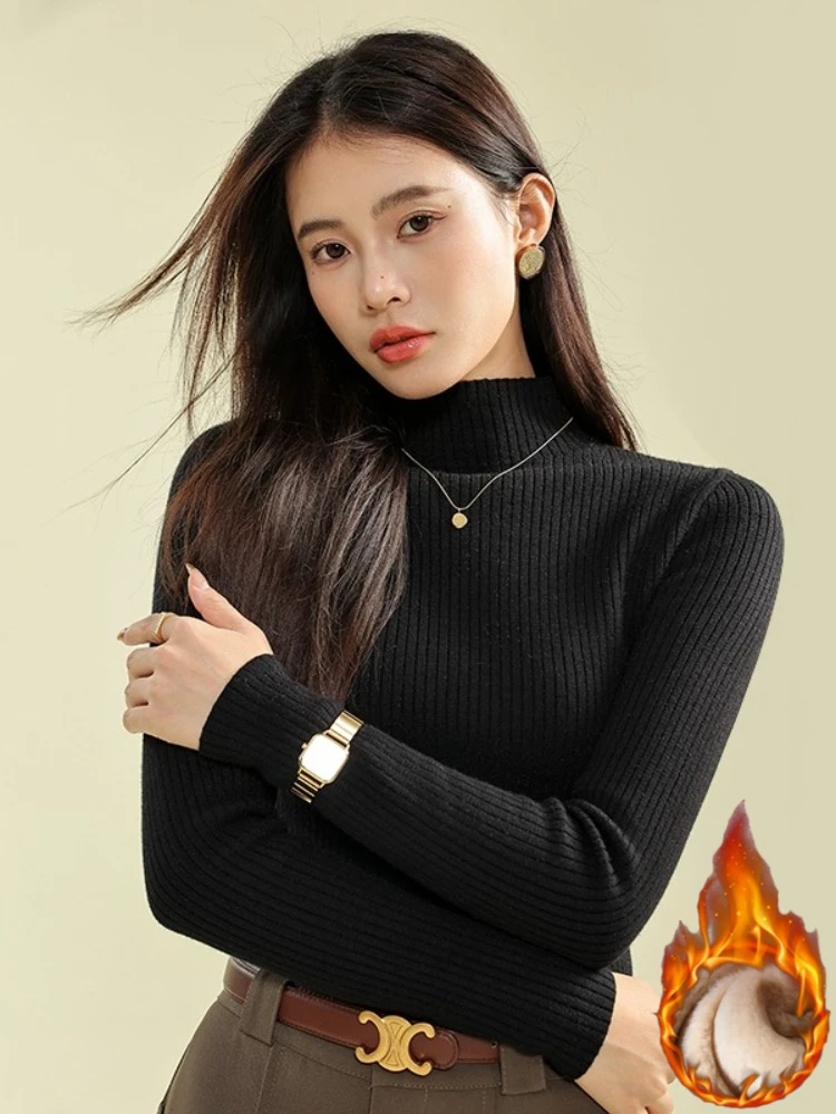 Autumn Winter Fleece-lined Thicken Pullovers Women Long Sleeve Casual Turtleneck Warm Basic Sweater Knit Jumpers Solid Slim Tops
