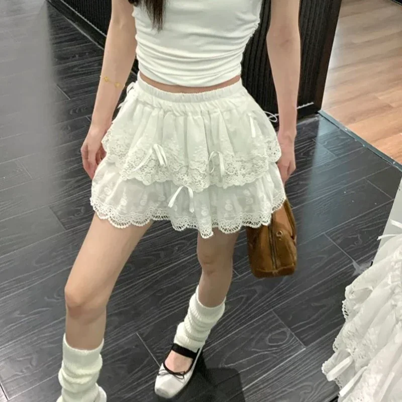 Deeptown Coquette White Lace Short Skirt Ruffle Women Sweet Bow Kawaii Mini Skirts Patchwork Layered A-line Aesthetics Skirt 1