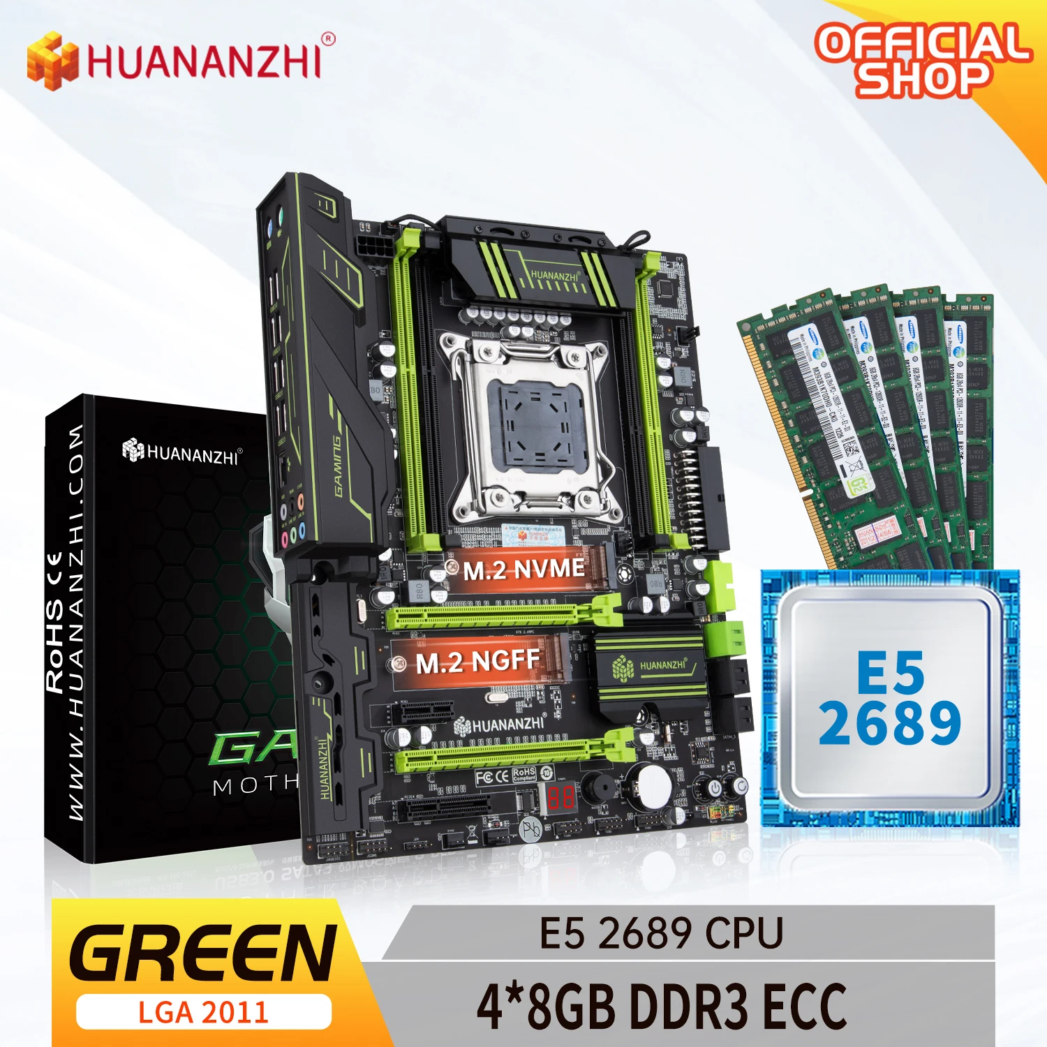Huananzhi X79 Groen X79 Moederbord Met Intel Xeon E5 2689 Met 4*8Gb DDR3 Recc Geheugen Combo Kit set Atx Sata USB3.0 Pci E Nvme|Moederborden| - AliExpress