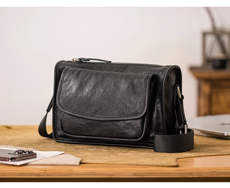 PNDME Casual Designer Luxus erste Schicht Rindsleder Herren schwarze Umhängetasche Outdoor-Reisen handgemachte echtes Leder Umhängetasche – Detail 23
