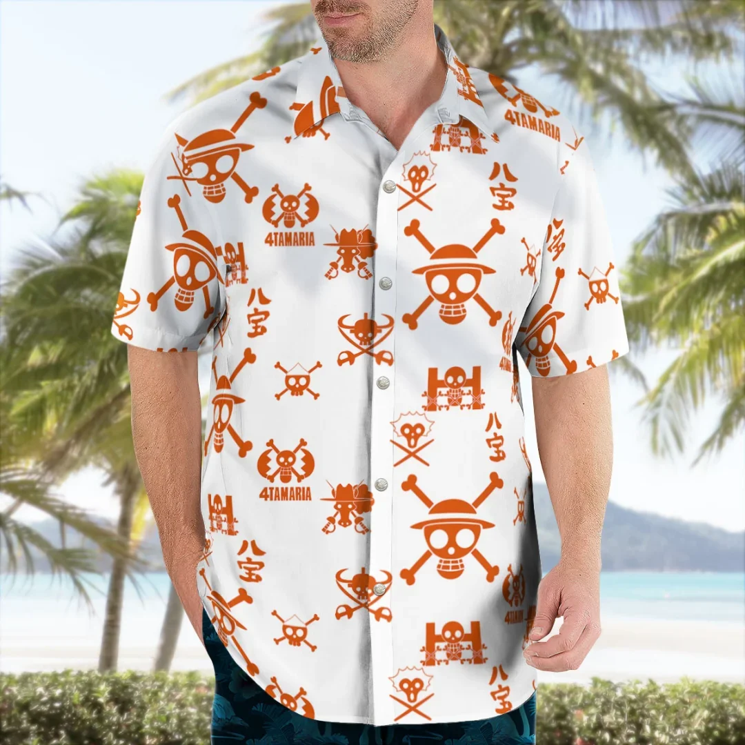 Trendiges Herren-Einteiler-Hawaiihemd mit Luffy-Klassik-Posen-Print, Kurzarm, Aloha, Strandurlaub, Freizeit, Anime, Kinderkleidung, Oberteile