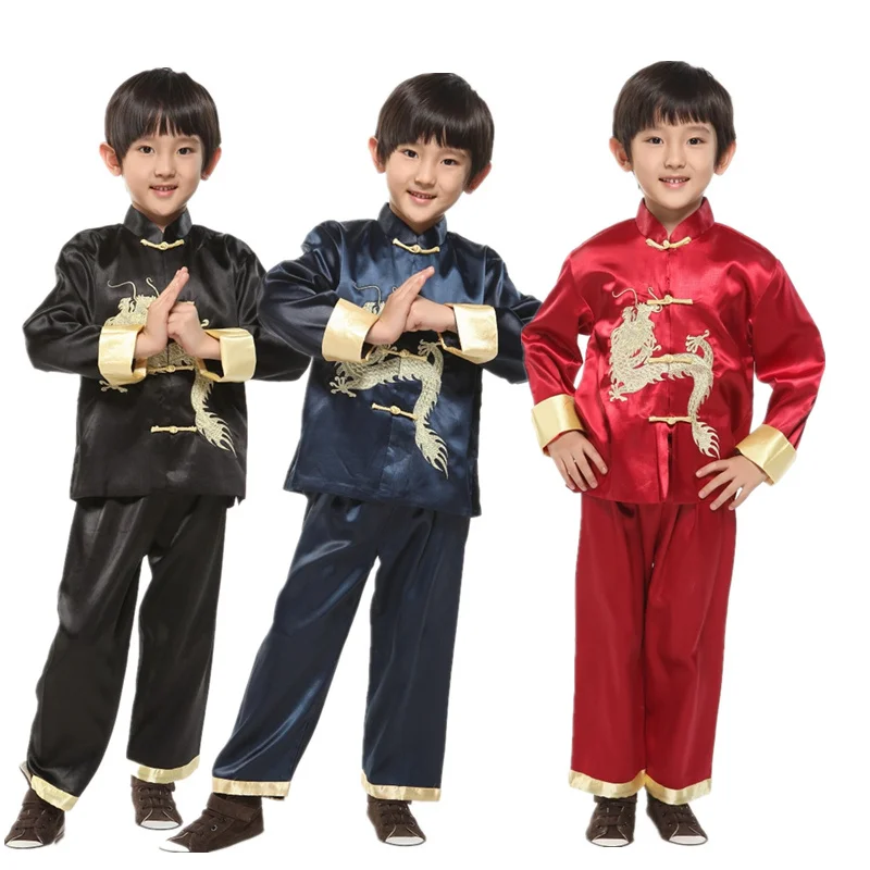 Kids Chinese Style Tang Suit Dragon Embroidery Boy Girl Children New Year Party Outfits KungFu Traditional Oriental Clothing Set mens dynasty chinese character dragon oriental graphic fleece lining pullover hoodie l white