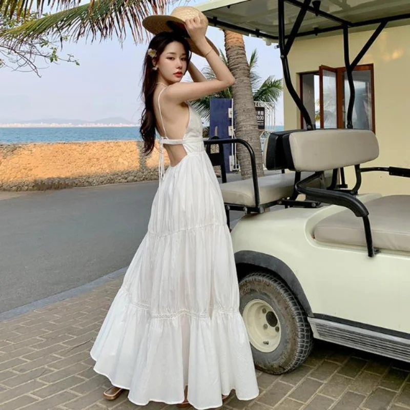 

Summer white long skirt drawstring women 2024 elegant backless Long formal suspenderdress wedding guestsbridesmaids birthdayball