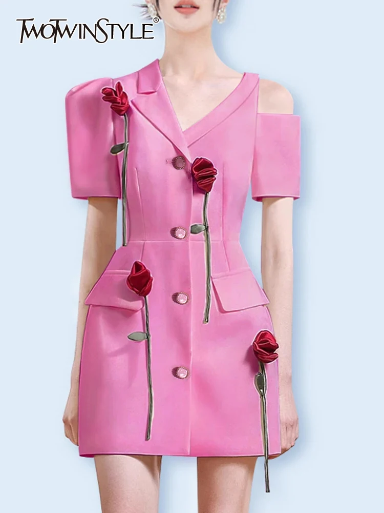 

TWOTWINSTYLEhit Patchwork Appliques Elegant Dresses For Women Irregular Collar Short Sleeve Cut Out High Waist Mini Dress Female