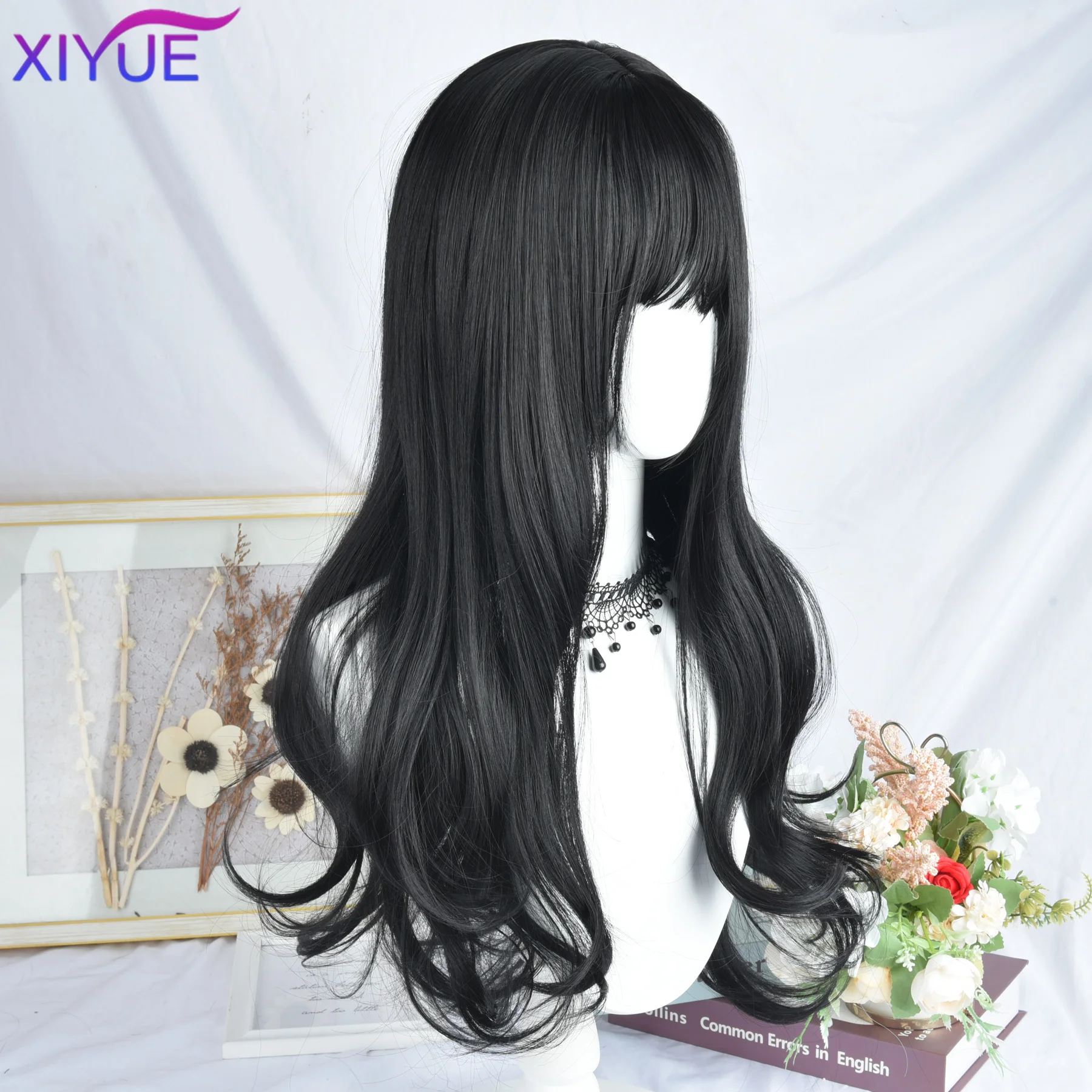 XIYUE Lolita Black Wig for Women Long Wavy Hair 65cm Curly Wig with Bangs Cosplay Headband Wigs Synthetic Wigs for Daily Use