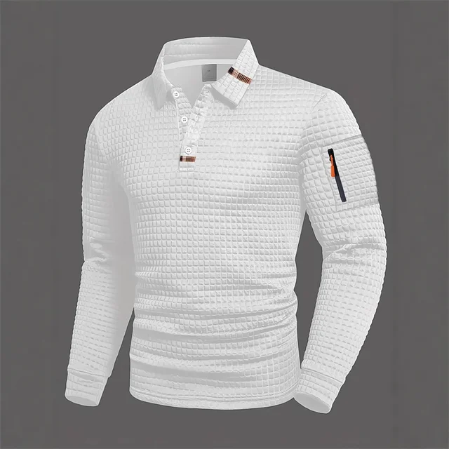 Polo homme manches longues, disponible en 5 couleurs, adapté au printemps et à l'automne. Col blanc, design de boutons, détail de fermeture éclair 1