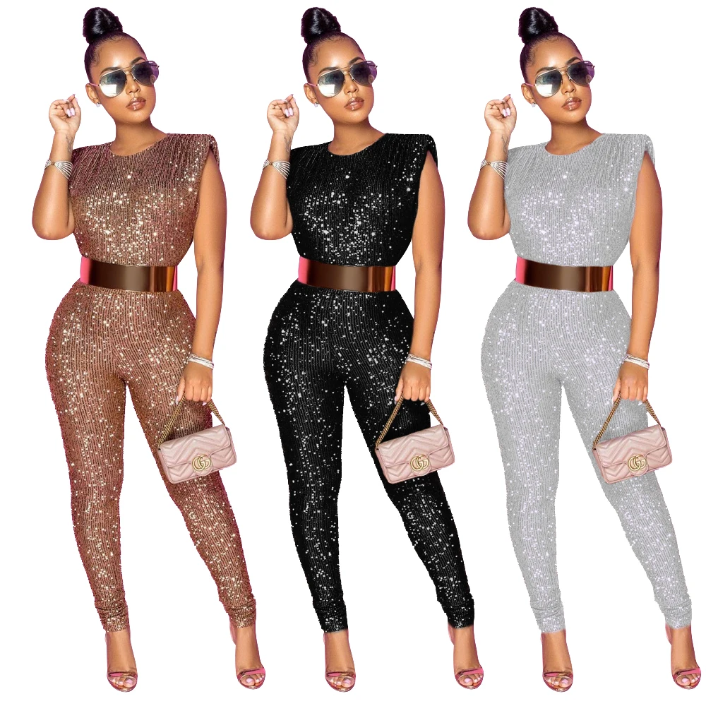 2022 Women's Clothing High Waist Bodycon Shinny Elegant Sleeveless Sequins Jumpsuits Sexy Evening Night Club Bodysuit Party Suit