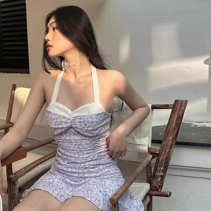 

2023 Summer New Sexy Floral Women's Retro Casual Straps Hanging Neck Backless Collision Color Floral Dress