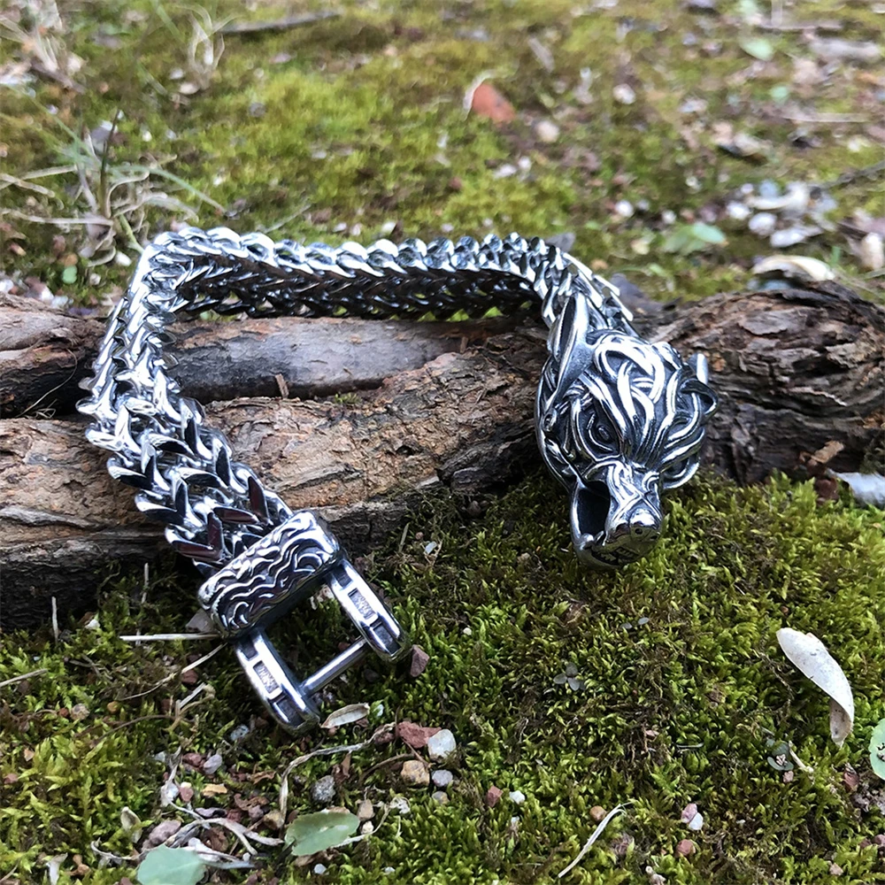 Never Fade Norse Celtic Wolf Head Bracelet Men's Stainless Steel