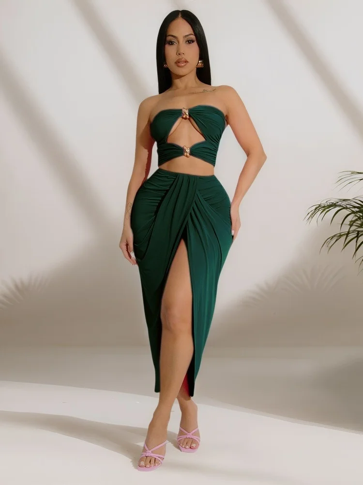 Wmstar Set Women Wholesale Strapless Cut Out Top Slit Elastic Skirt Pleated Skirt Sexy Two Piece Skirt Fancy Club Summer 2025