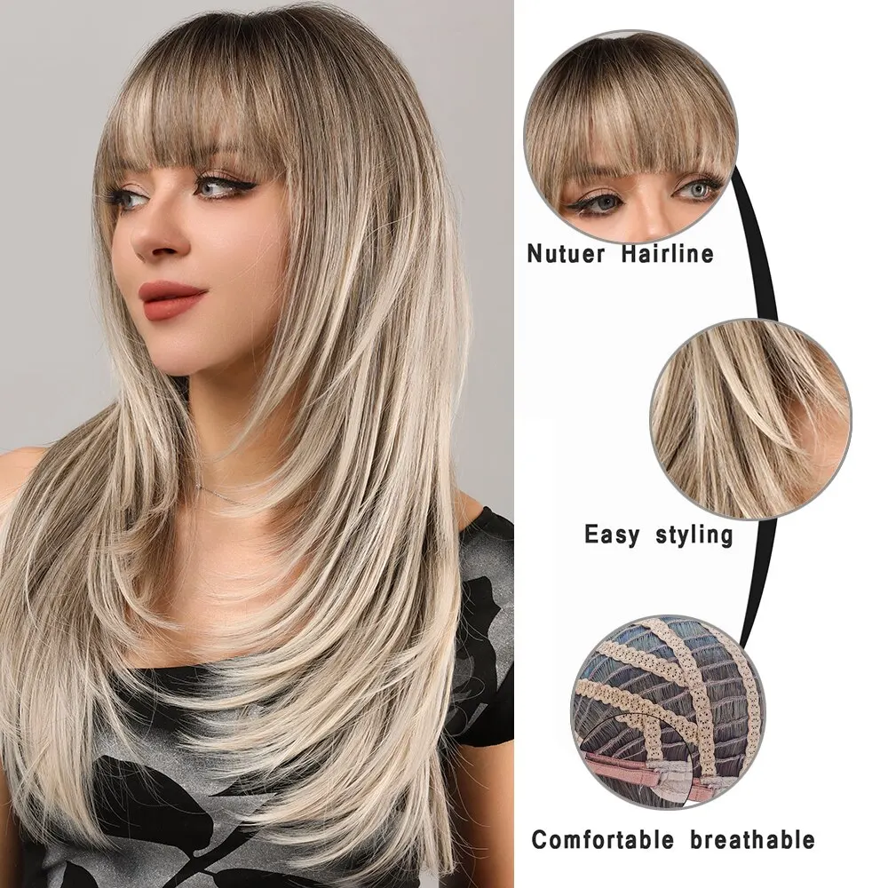 Women Synthetic Hair Wigs Long Blonde Bangs Dark Root Layered for Daily Use Fashion Ladies