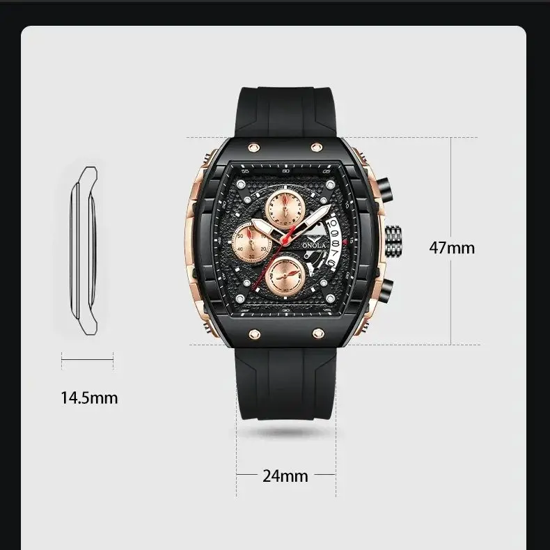 Fashion Cool Black Watch for Mens Brand ONOLA Sports Silicone Strap Quartz Wristwatch Male Luxury Waterproof Tonneau Clock Reloj