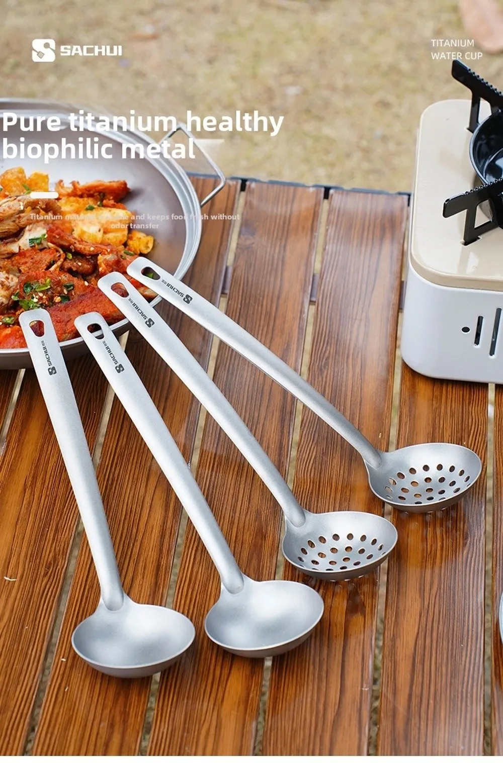 Neuer Langstiel-Outdoor-Suppenlöffel und Schöpfkelle-Set, Rutschfester Hitzebeständiger Titan-Schlitzlöffel, Leichter Lebensmittelsieb – Detail 4