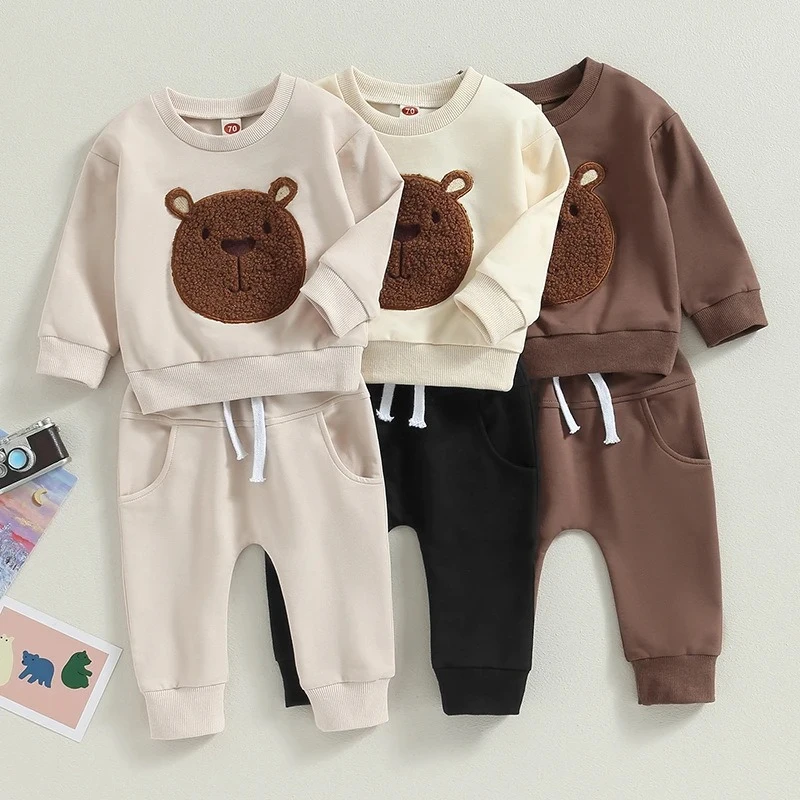 Unisex Baby Autumn/Winter Warm 2-Piece Set: Cute Bear Pattern Top & Drawstring Pants Stylish Casual Outfit for Boys & Girls 1