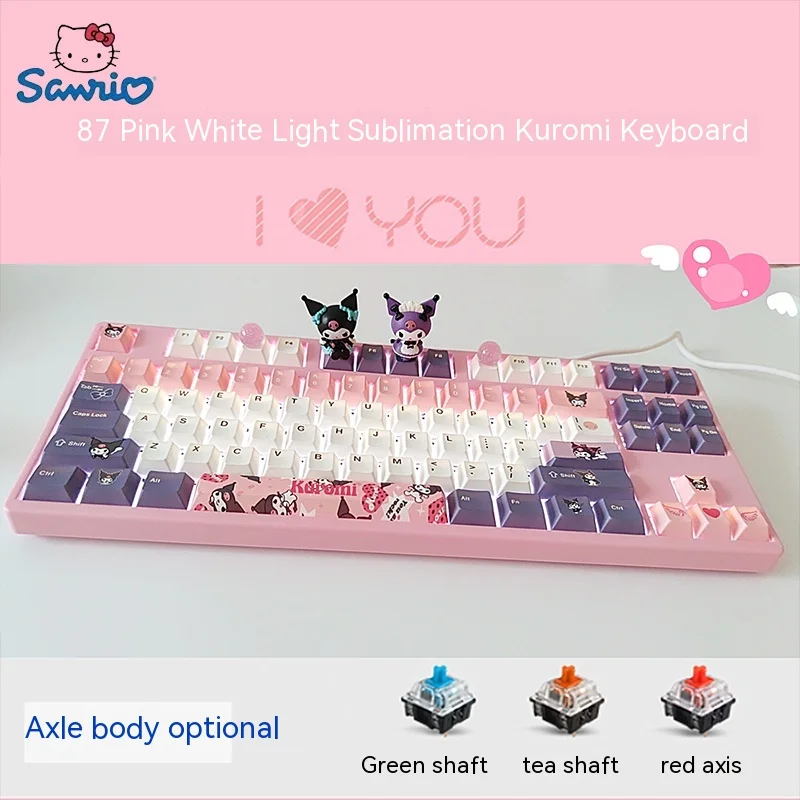 

New Sanrio Kawaii Kuromi Mechanical Keyboard 87 Pink 104 Punk White Cable My Melody Hot Swap Green Shaft Mechanical Keyboard