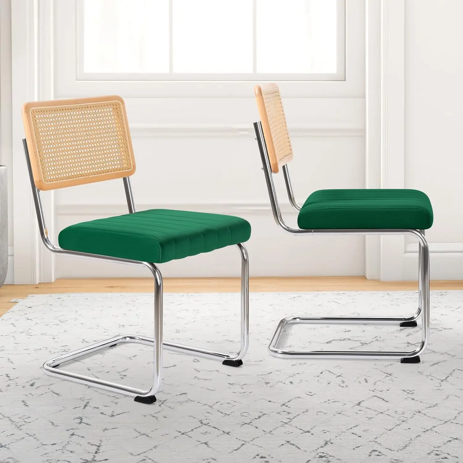 Mid Century Modern Dining Chairs Set of 2. Rattan. Cane Back. Metal Legs. Velvet Upholstered. Armless. Green.