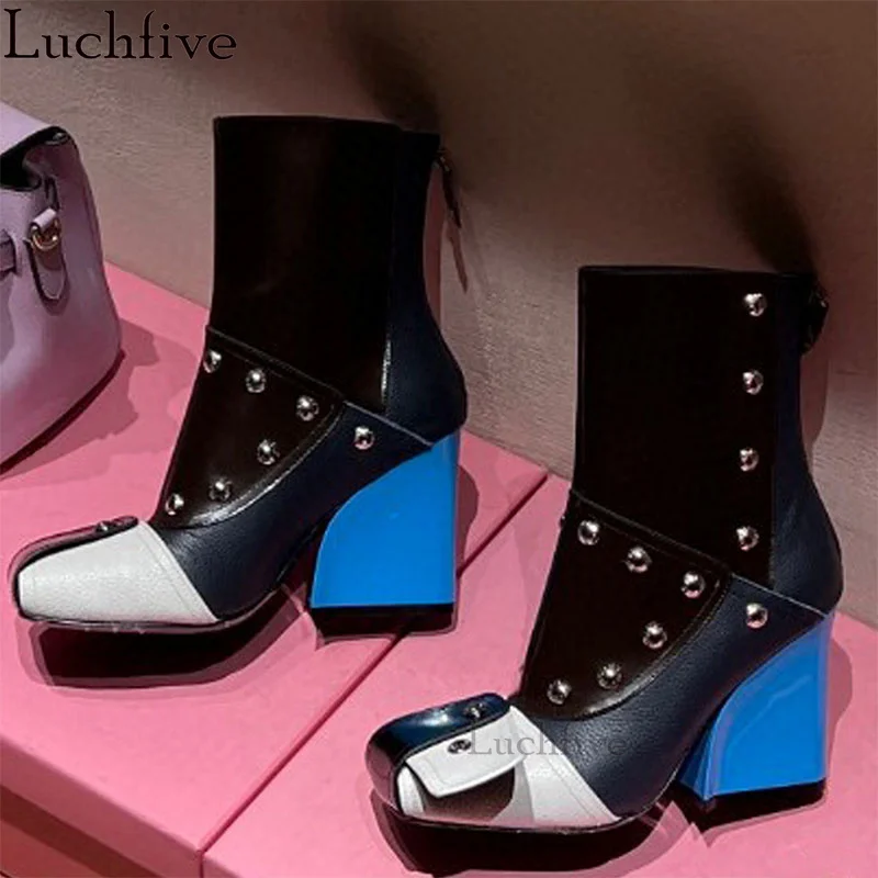 

Spring Hot Fashion Chelsea Ankle Boots for Woman Quality Real Leather Wedges heel Rivet Boots Luxury Brand Runway Botas mujer