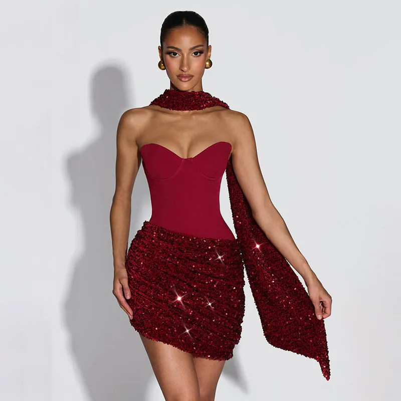 Women Sexy Sequin Patchwork Sling Mini Dress Lady Chic Off-shoulder Backless Waist Cinching Slim Short Dresses Club Party Gowns Sdfdbf56c800840e2b85f39c7053139d6W