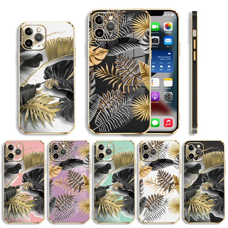 Soft Black Gold Tropical Leaves Per Iphone 12 11 14 Pro Max 13 6 X Xr Xs Mini 6S 7 Plus 8 5 12Mini 13Mini Cover Per Telefono