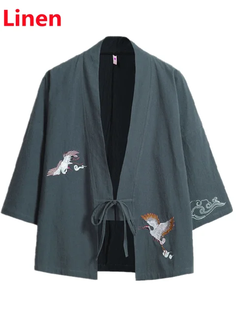 Crane Embroidery Haori Kimono Harajuku Japanese Style Plus Size Men Samurai Costume Yukata Asian Clothes Cardigan Women Jacket gray blue